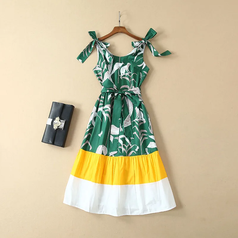 

HIGH QUALITY Newest 2019 Summer Runway Dress Women's Spaghetti Strap Color Block Mid-calf Dress