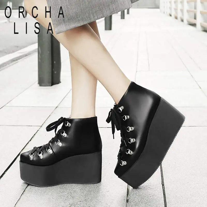 

ORCHA LISA ankle Boots Women Platform boots Gothic Shoes pu Leather Spring Autumn High Heels Cosplay Shoes Lace up long booties