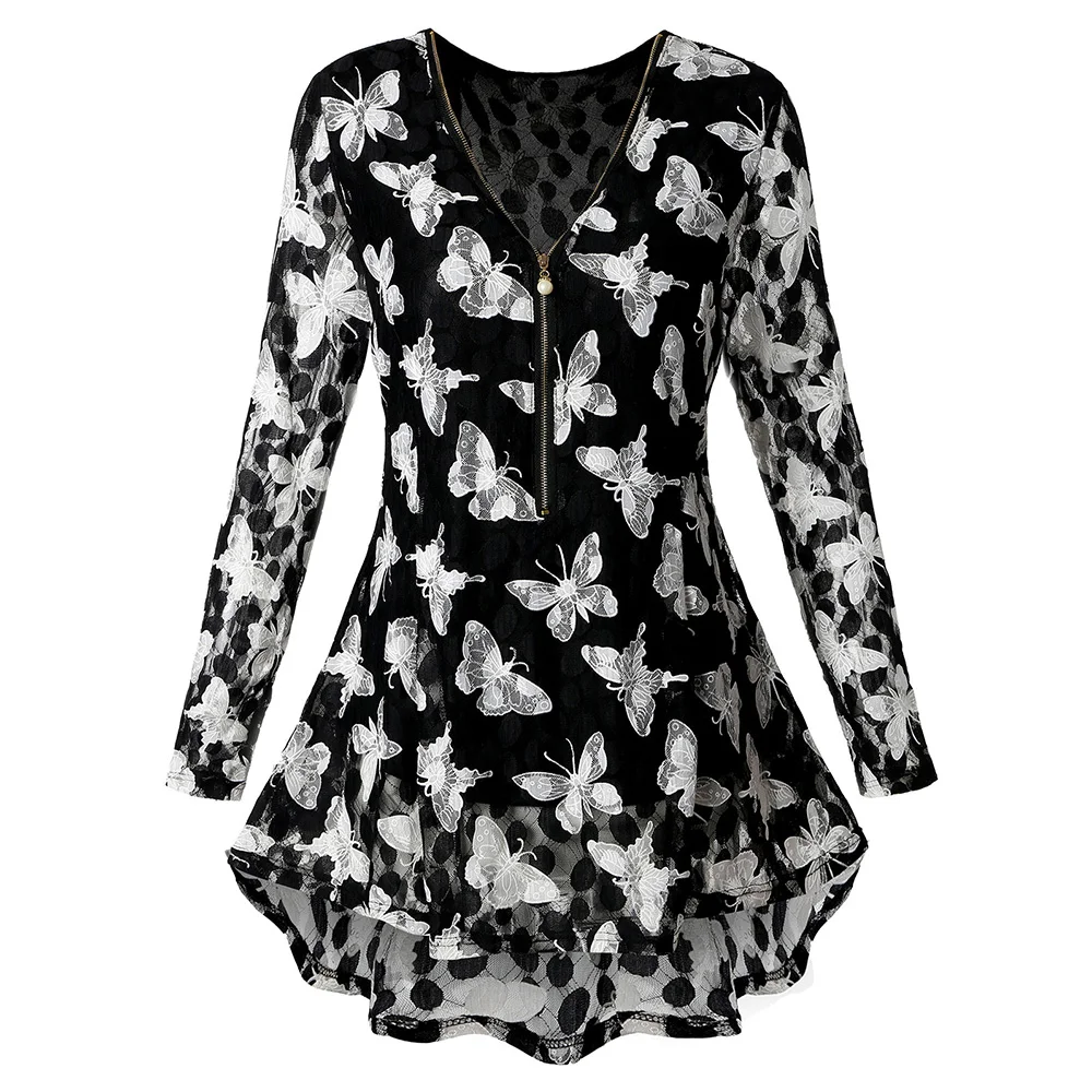 

Lortalen 2019 Autumn Plus Size Zipper Butterfly Pattern Lace Blouse Women Ladies High Low Lace V-Neck Long Sleeve Flowy Blouse