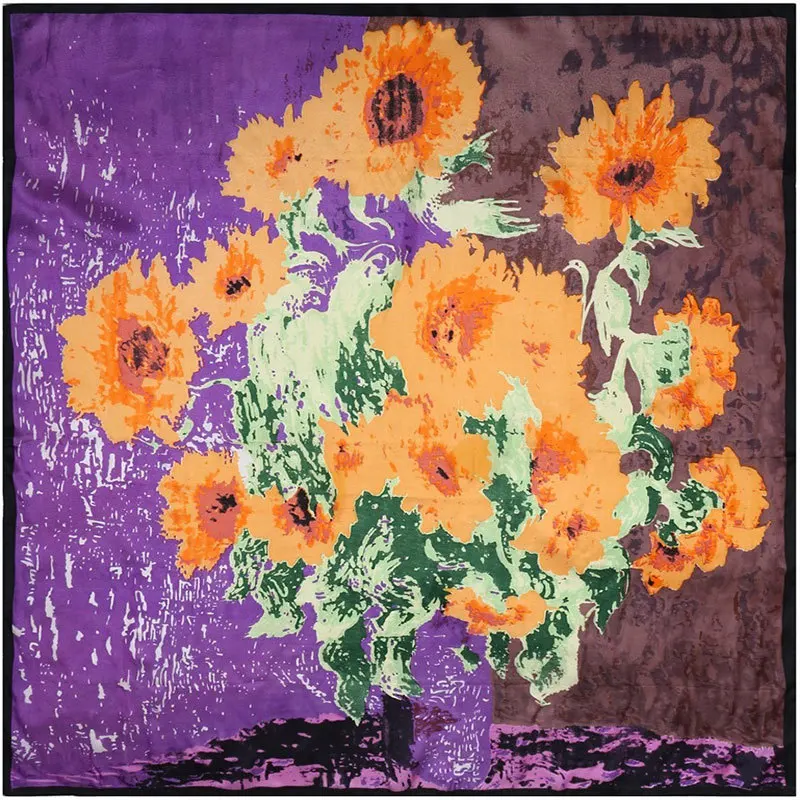 

100% Silk Scarf Women Scarf Sun Flower Hijab Scarf Silk Bandana 2019 Top Print Middle Square Silk Scarf Silk Wrap Gift for Lady