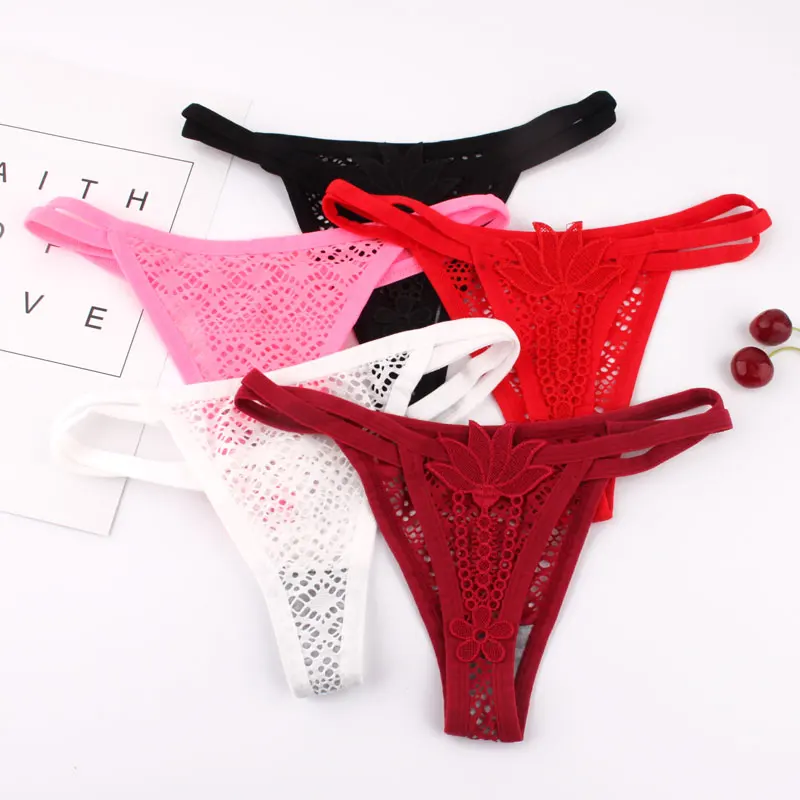 Lady flower lace openwork thong underwear sexy transparent ferret solid