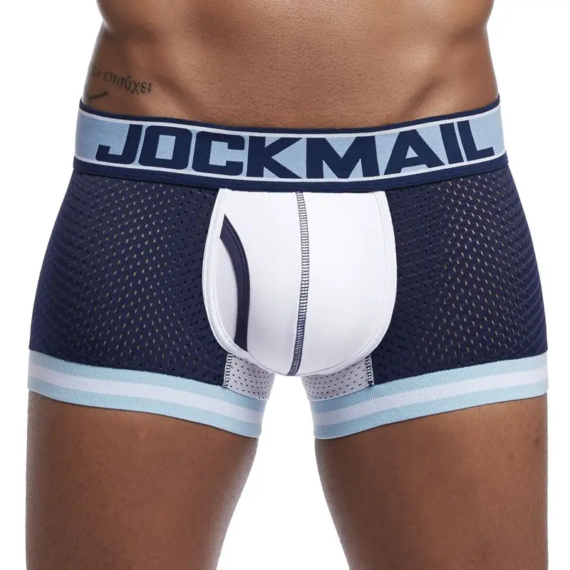 JOCKMAIL, фирменное нижнее белье, боксеры, мужские, дышащие, сетчатые, мужские боксеры, мужские трусы, сексуальные трусы, хлопок, мужские, s, боди, трусы - Цвет: DARK BLUE