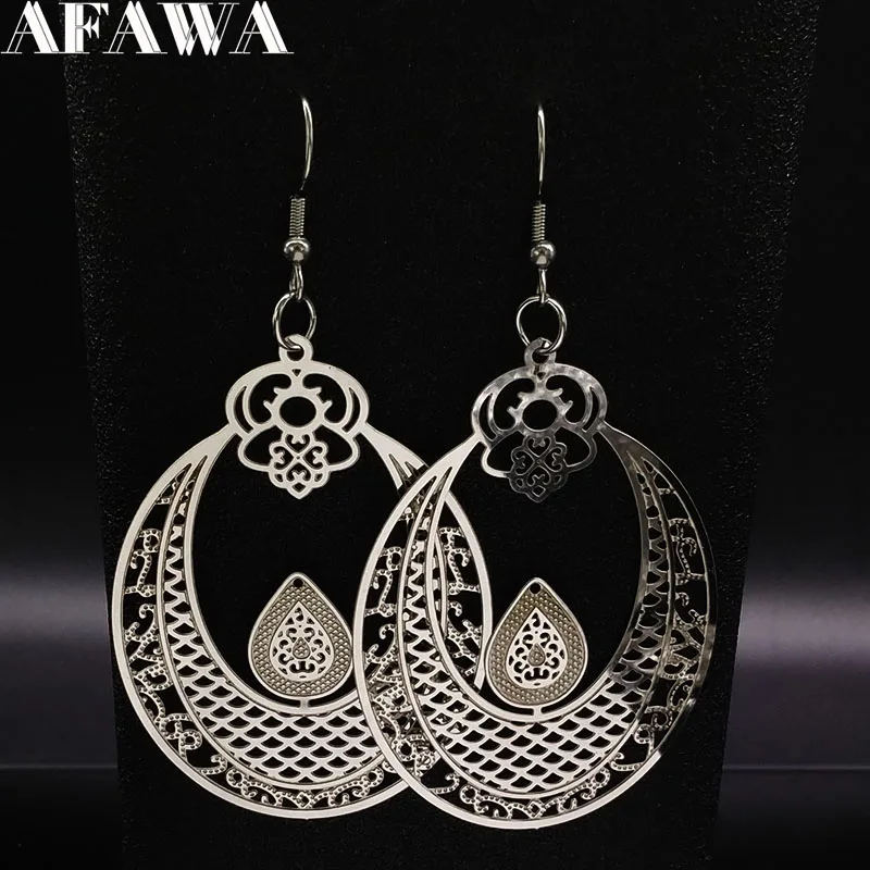 

2019 Fashion Silver Color Stainless Steel Earrings for Women Flower Big Drop Earrings Indian Jewelry pendientes mujer E612596