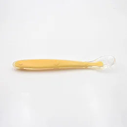Детская Мягкая силиконовая ложка для кормления, Детская обучающая ложка, посуда для младенцев, мягкая детская ложка для кормления, 4 цвета - Цвет: Yellow