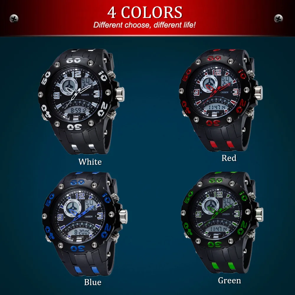 Новое поступление Ohsen цифровой бренд кварцевые ЖК дисплей мужские спортивные часы Relogio masculino 50 м водостойкие резинкой красные модные наручные часы