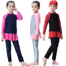 Детский купальный костюм с хиджабом, пляжная одежда, полный комплект, исламский купальный костюм Топ+ штаны с шапочкой для плавания, два предмета, боди, moslim badmode