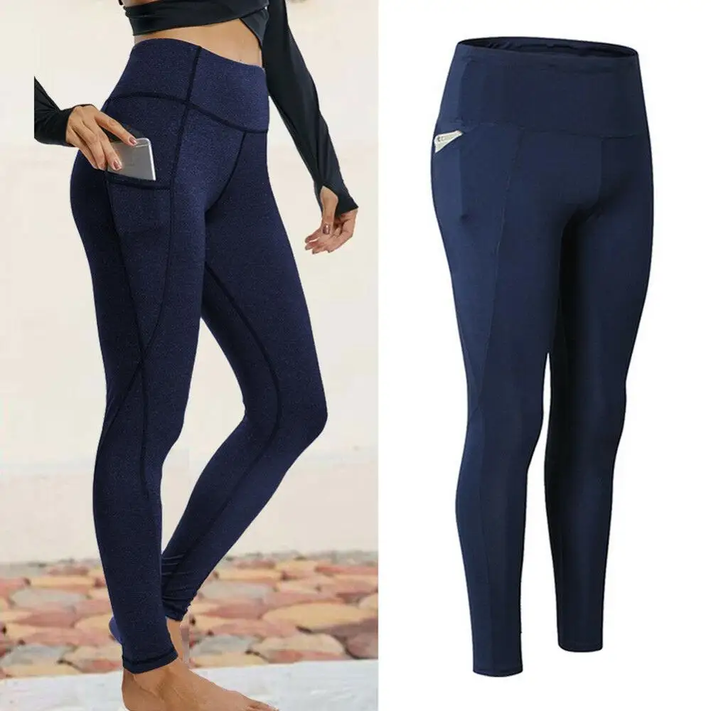 Спортивные штаны для йоги с карманами, высокая талия, сетчатые спортивные Леггинсы для фитнеса, женские Леггинсы для йоги, тренировочные штаны для бега, спортивная одежда - Цвет: Dark Blue-Long