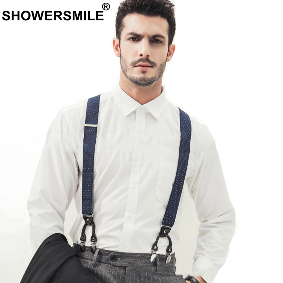 

SHOWERSMILE Pants Suspenders Men 6 Clips Elastic Male Suspender British Style Navy 3.5cm 120cm Y Back Braces For Men
