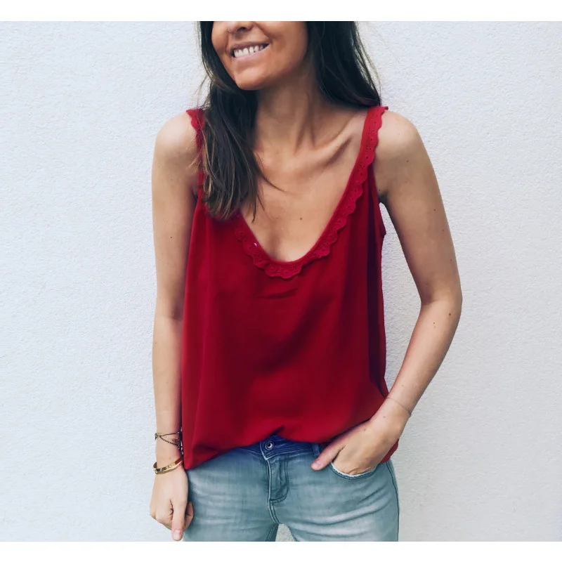 

Loose Summer Top V Neck Spaghetti Strap Sexy Top Lace Insert Womens Clothing
