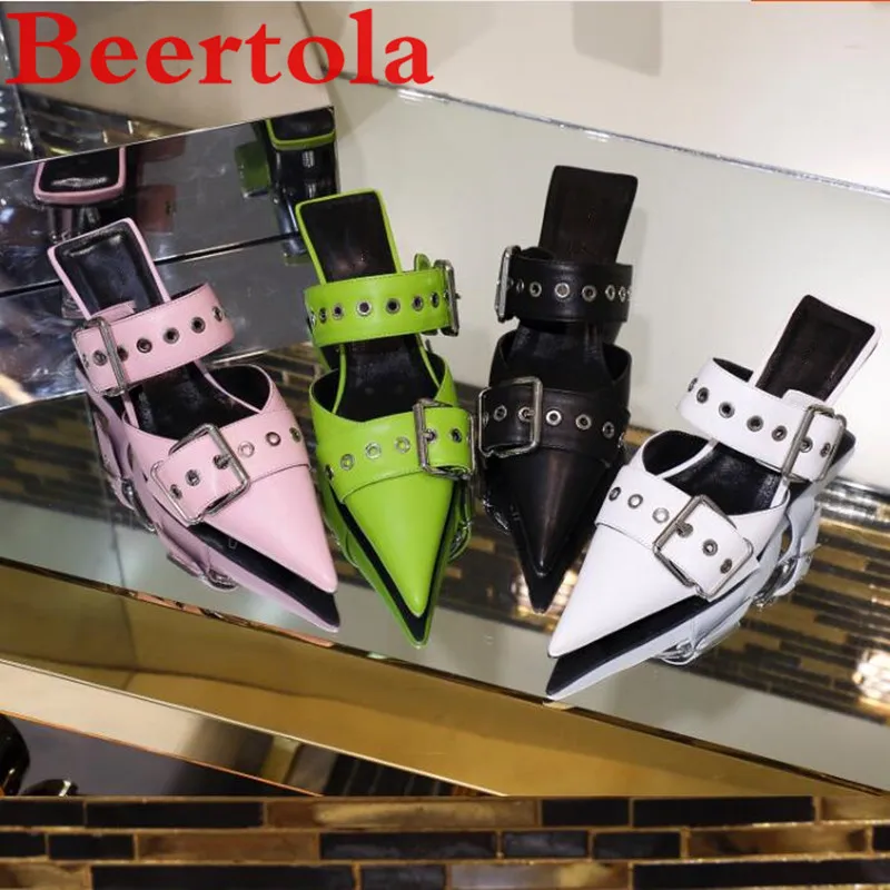 

Beertola 2019 New Women's Slippers Pointed Toe Metal Heels Punk Slides Women Buckle Strap Decor Outdoor Ladies 4CM Heels Shoes