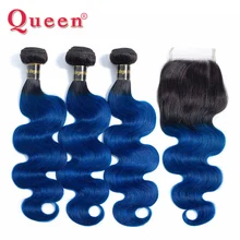 Queen hair Products бразильские волнистые человеческие волосы 3 пучка с кружевной застежкой 1B/синие темные корни два тона Омбре remy волосы