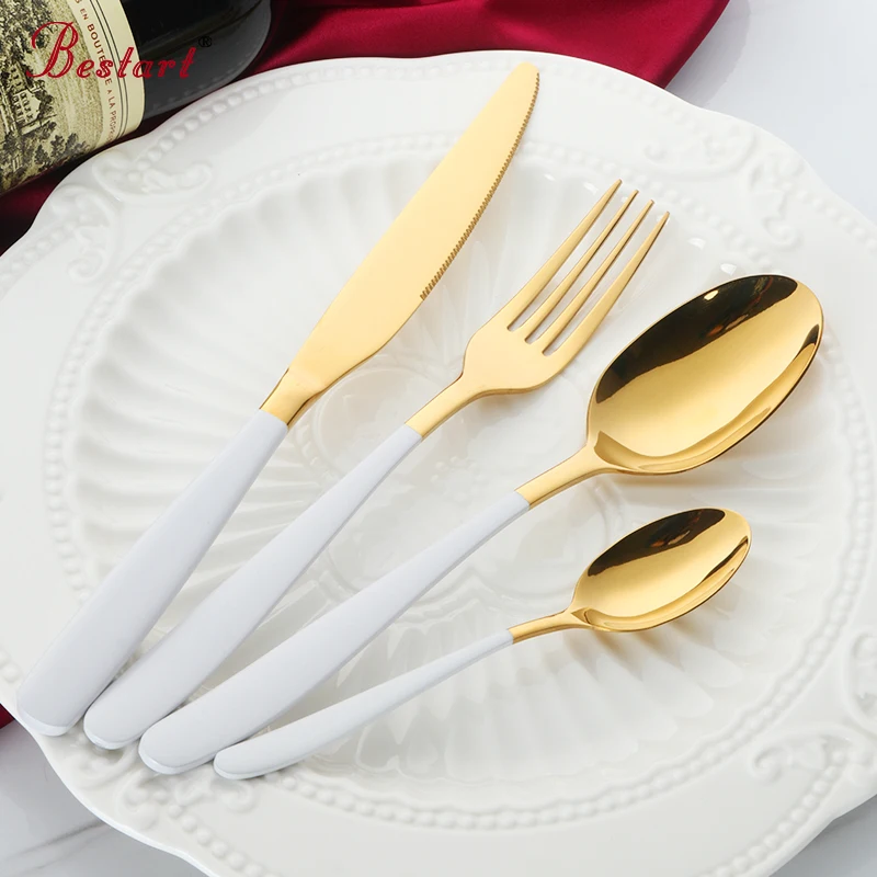 

24PCS White Gold Tableware Stainless Steel Gold Plated Metal Knife Fork Dinner Scoop Cutlery Luxury Western Dinnerware Set