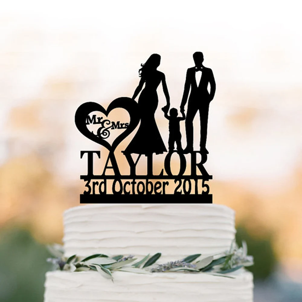 Family Cake Topper/_Bride /& Groom with little boy/_Custom wedding Cake Topper silhouette with last name and children/_Mr and Mrs topper