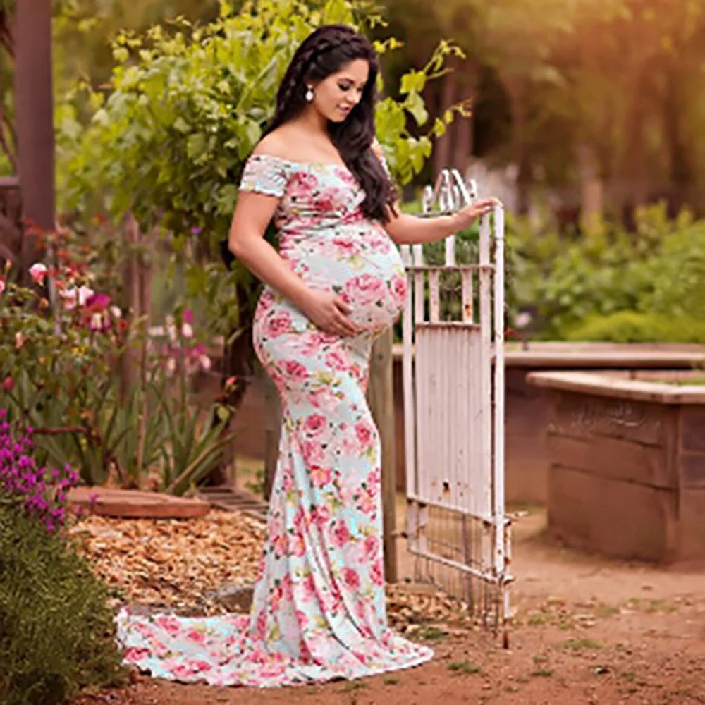 Long Beautiful Pregnant Women Dress Cute Off Shoulder Maternity Dress 