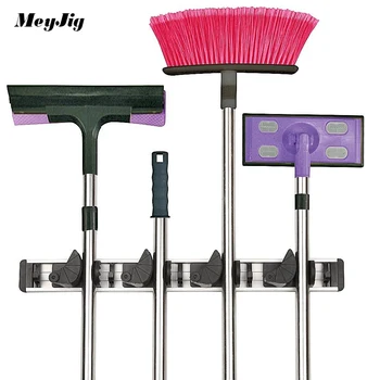 

Universal Kitchen Storage Tool Holder Wall Mounted Storage4 Position With 5 Hooks Organizer Mop and Bathroom Holders Racks