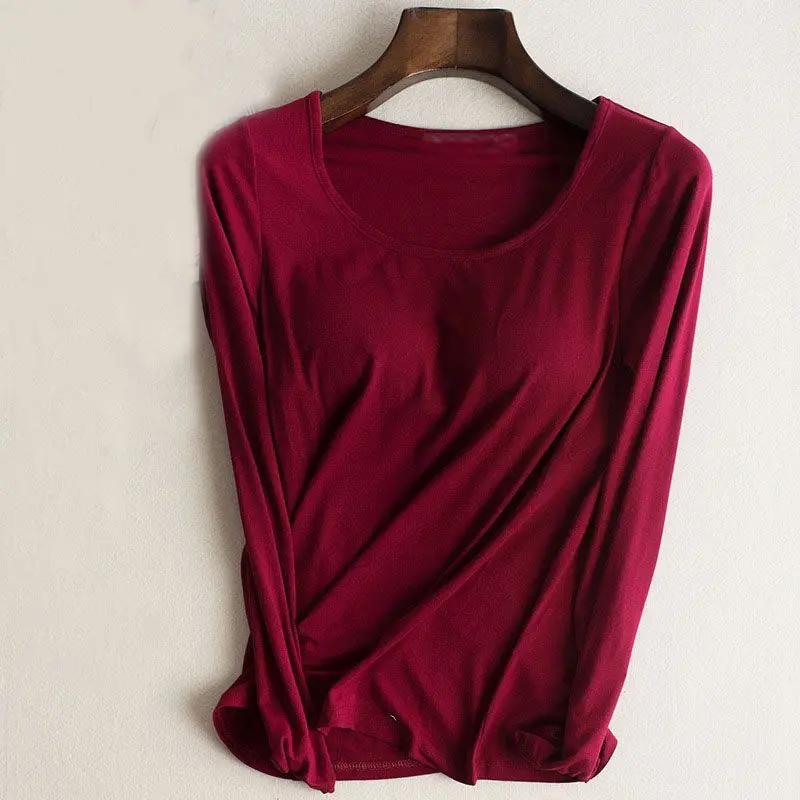 Mferlier Autumn Summer Basic T Shirt Women Solid O Neck Long Sleeve Wine Red Black White Padded Female T Shirt