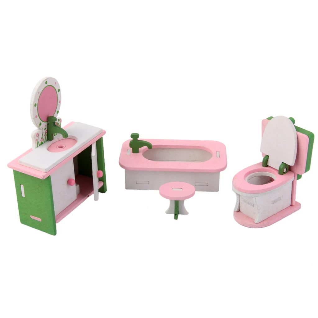 4 шт./компл. деревянный кукольный домик мебель наборы игрушки Дети миниатюрный набор для ванной комнаты куклы аксессуары розовый