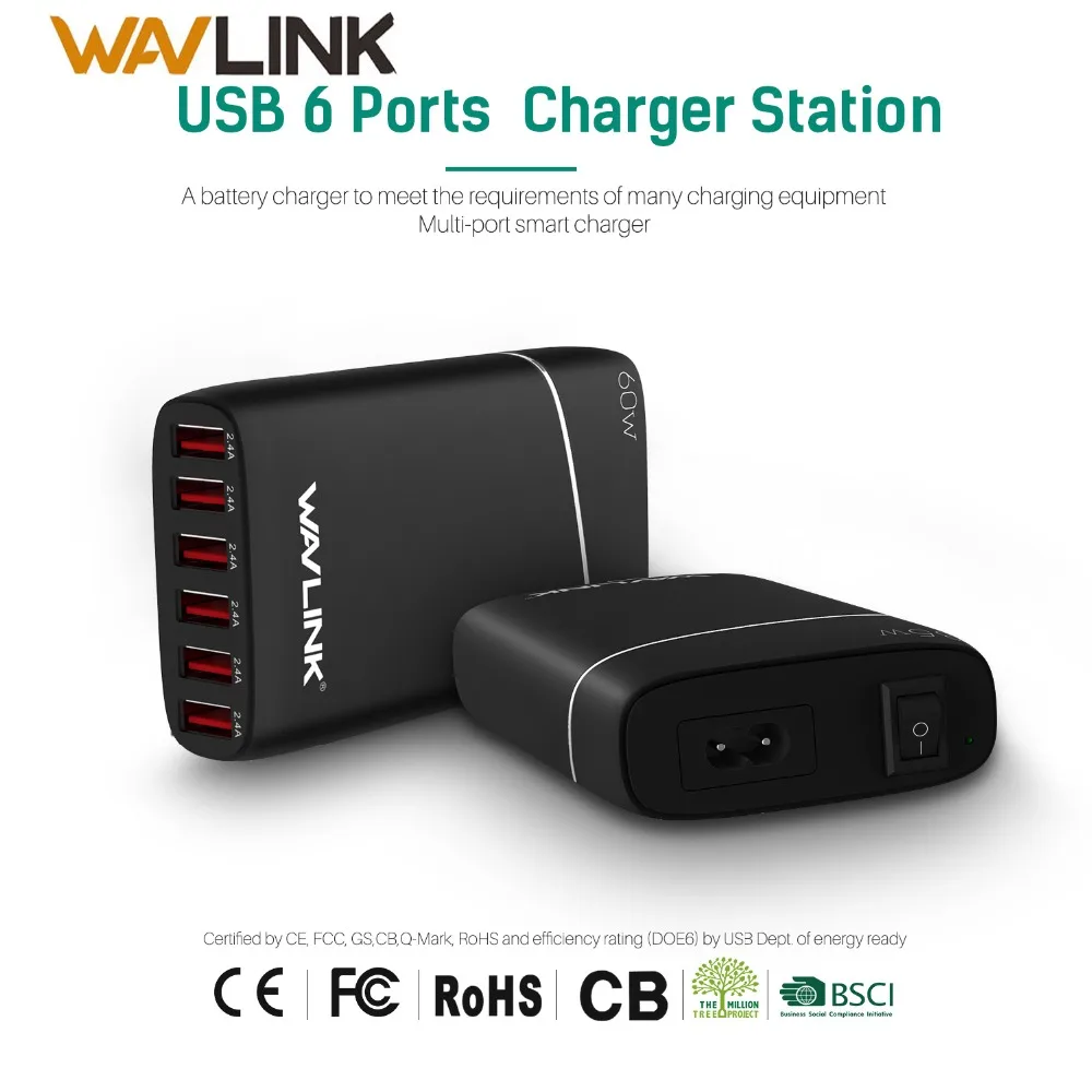 

WAVLINK 60W/12A 6 Ports USB Travel Charger adapter High Speed USB 3.0 Wall Charger/Portable/Desktop Charging Station for phone