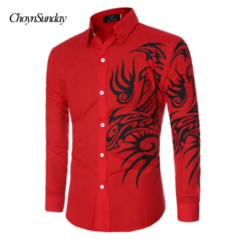 Осень Новая мода цветок печатных с длинным рукавом рубашки для мужчин camisa мужской тонкий цветок рубашки Винтаж Уличная Повседневная мужская рубашка - Цвет: Красный