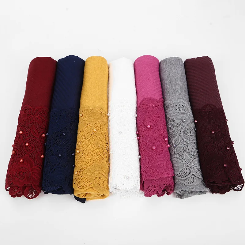 

2019 Elegant Lace Pearl Scarf for Women Wrinkle Hijab White Red Yellow Winter Ladies Scarfs Oversize Hair Scarves Shawl Cachecol