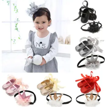 

Princess Riband Shoes Floral Headband Infant Baby Girls Soft Sole Party Shoes
