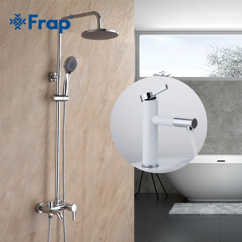 

Frap Bathroom Rainfall Shower Faucet Set Mixer Tap With High White Spray Painting Basin Taps 360 Free Rotating F2416+F1052-14