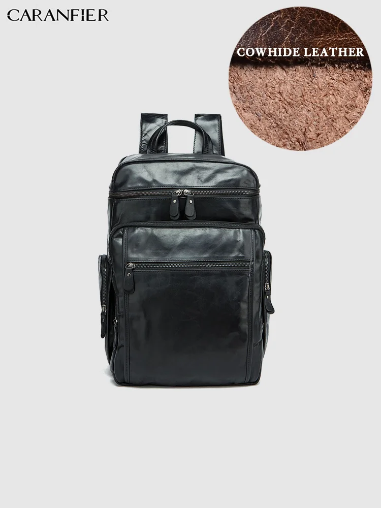 

CARANFIER Mens Backpacks Shoulder Bags Genuine Cowhide Leather Large Capacity Business Laptop Crossbody High Quality School Bags