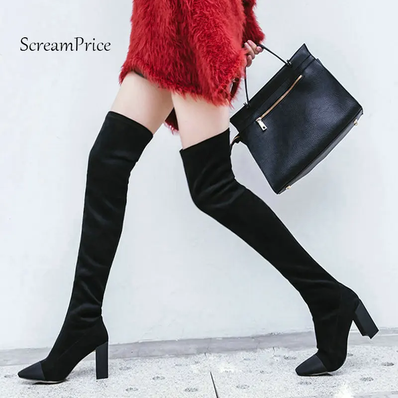 Woman Thick High Heel Slip On Over The Knee Boots Square Toe Winter Stretch Boots Fashion Ladies Thigh Boots Black цена Woman Thick High Heel Slip On Over The Knee Boots Square Toe Winter Stretch Boots Fashion Ladies Thigh Boots Black цены онлайн