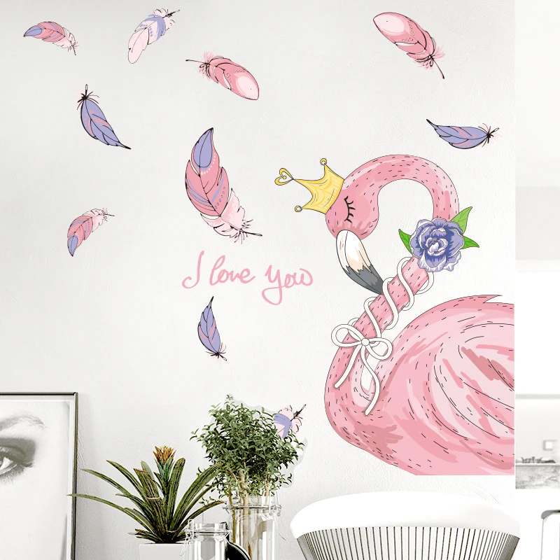 [Shijuekongjian] Фламинго наклейки на стену DIY Птица Животные перья настенные наклейки для гостиной Детская Спальня украшение дома