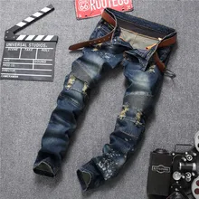 New Fashion Mens Ripped Biker Jeans Print Slim Fit Motorcycle Jeans Men’s Skinny Denim Causal Jeans Pants Trouses Size 29-38