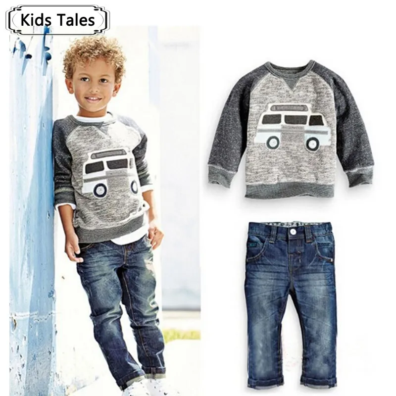 

New 2018 Retail Kids Set Cartoon Car pattern fashion costume boys sets T-shirt + jeans 2 pcs. Children clothes ST160