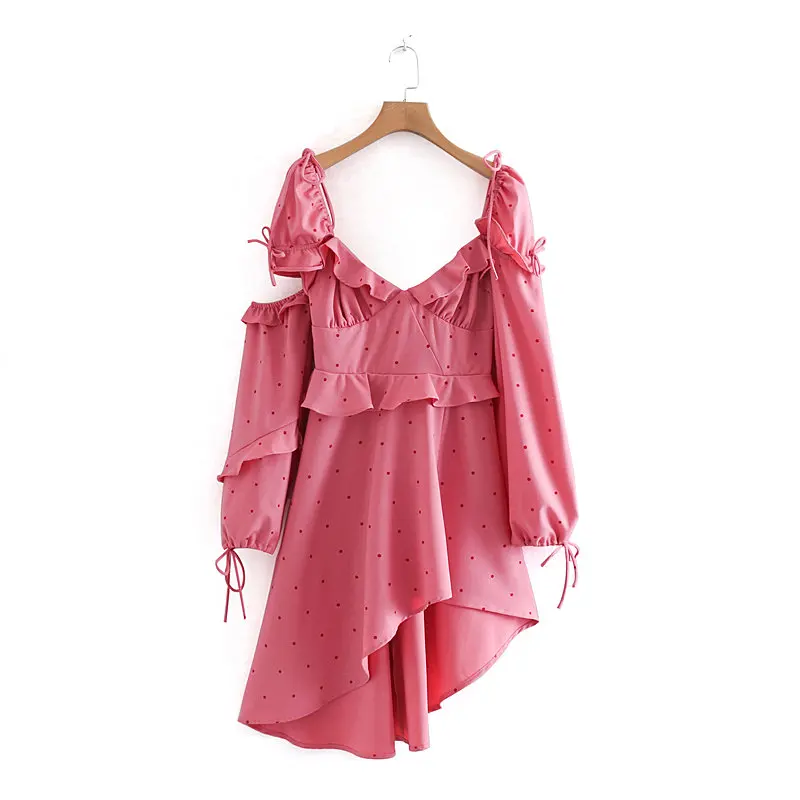 

2019 women sexy deep v neck dots print vestidos ruffles asymmetrical dress ladies lantern sleeve bow tied chic dresses DS2250