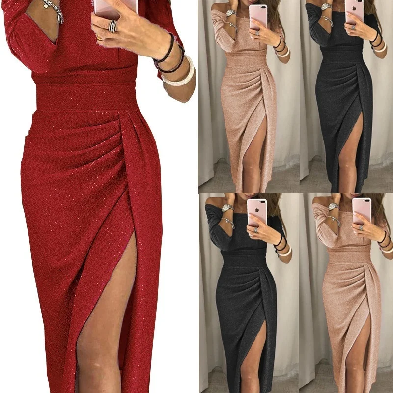 السيدات حمالة بلوزات غير مغطية للكتف عالية الشق Bodycon اللباس جذّاب مزين بالترتر ضمادة القطع الرقبة حزب النادي الليلي GRNSHTS