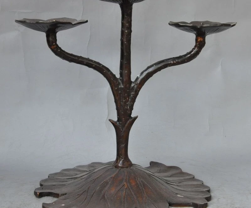 

11"chinese fengshui bronze palace lotus leaves statue Candlesticks Candle Holder