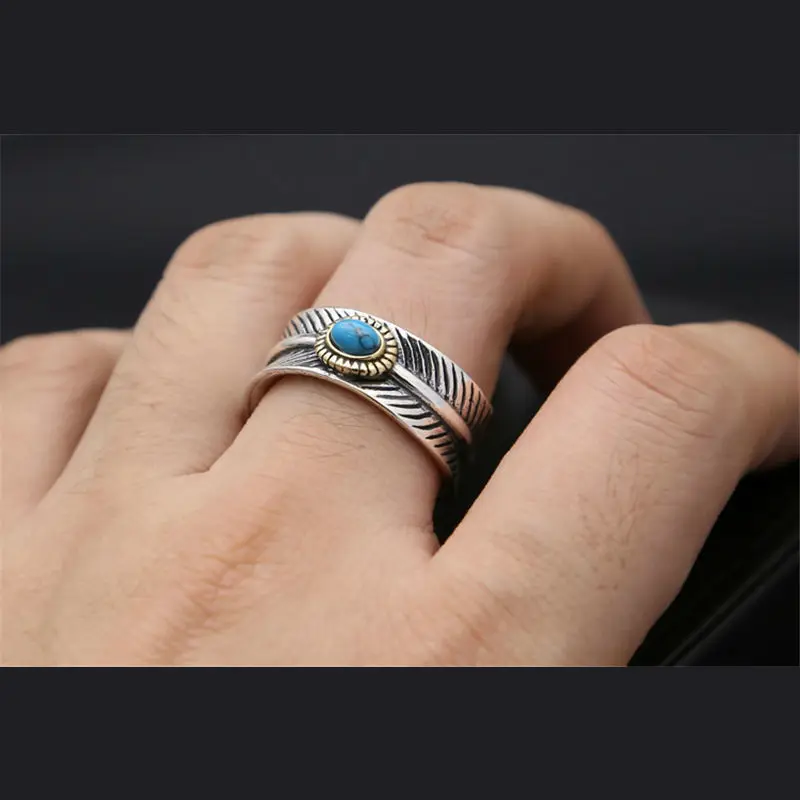 

open adjustable Feather natural Green stone ring For boy or girl Silver Retro Style turquois 925 Jewerly 176