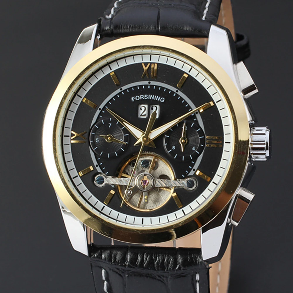 FORSINING Мужчины Гент Черный Tourbillon Дата Винтаж Механические Часы Автоматические