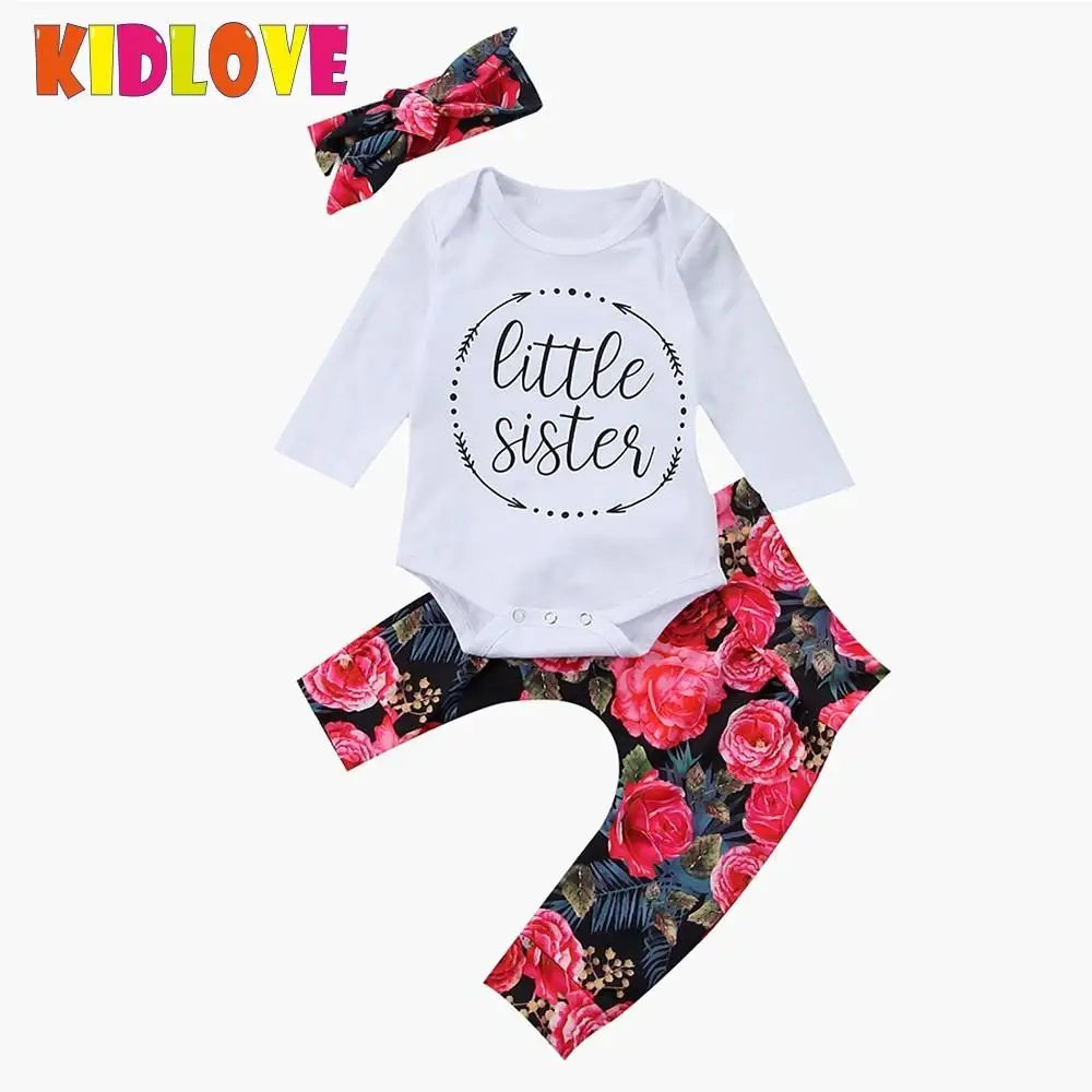 

KIDLOVE Lovely Fashion Baby Girl 3pcs Outfit Long Sleeve Little Sister Romper Floral Pant with Bowknot Headband Set Clothes ZK30