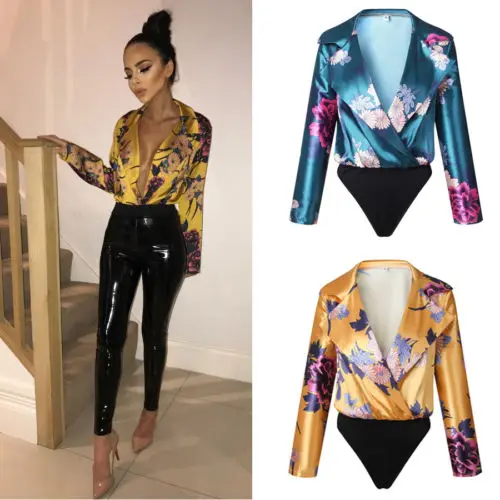 

Women Lady Clubwear Jumpsuit Bodysuit Playsuit Long Sleeve Shirt V-Neck Bodycon Tops Ladies Floral Summer Wearing