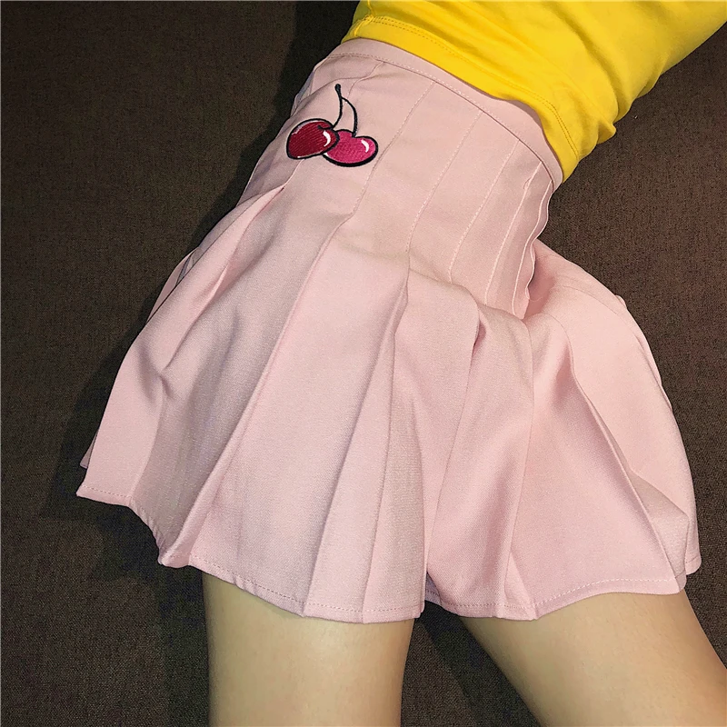 2018 New Women Mini Skirts Pink Black Harajuku Skirts Cute Cherry Embroidery High Waist Skirts