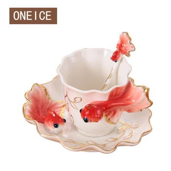 

Enamel Porcelain Hyun Gold Goldfish Coffee Mug Set Creative Wedding Gifts Ceramic Cup European Bone China Water