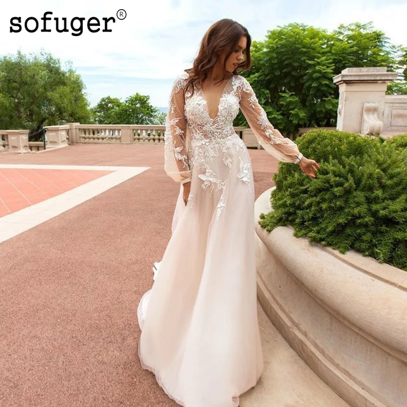 

Elegant Appliques Deep V Neck Long Puff Sleeves Pleat Flower Tulle Wedding Dress 2019 Boho Sofuge Vestido De Noiva Dubai Arabic