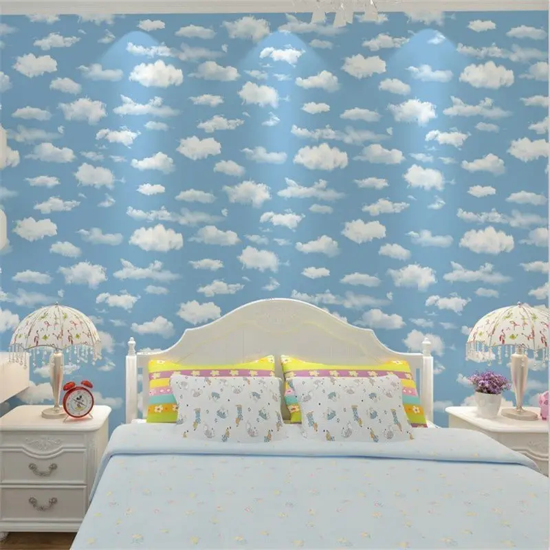 

Blue sky baiyun children room wallpaper bedroom blue ground zhonghai non-woven wallpaper roll PVC wallpaper