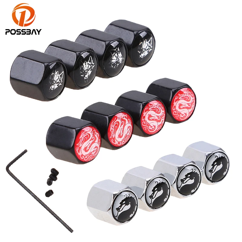

POSSBAY Wolf/Red Dragon/Black Dragon Logo Anti Theft Car Wheel Tire Valve Caps Auto Tyre Air Stem Cap for Benz BMW Audi