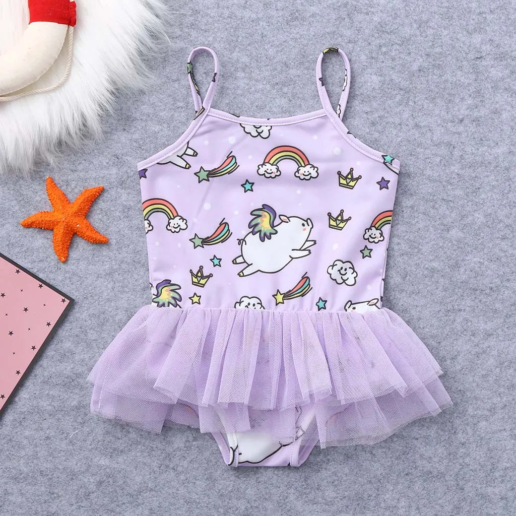 Swimwear One Piece Swimwear Sling Mesh Swimsuit Kid Girl Cute Pig Print Bathing Suit