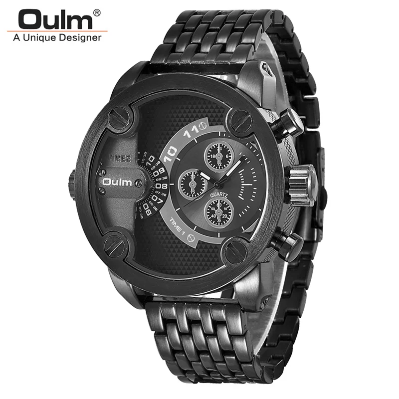Oulm два разных дизайна черные стальные часы Мужские люксовый бренд два часовых пояса кварцевые часы мужские большие военные наручные часы - Цвет: 1