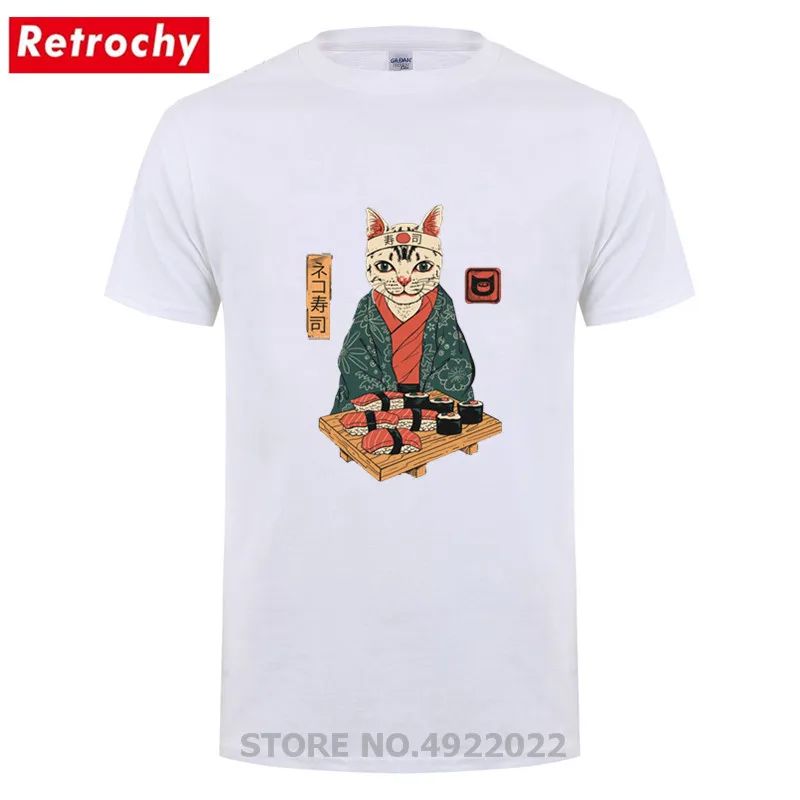 

Neko Sushi Bar CAT Japanese culture T-shirts Brand 2019 Streetwear Ukiyo E Funny Samurai Cat Tshirt Men's Short Sleeves T Shirts
