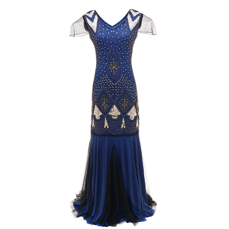 

1920s Great Gatsby Flapper Dress Sheer Long Maxi Formal Party Dress Women Short Sleeve V Neck Vestido Beaded Sequin Long Dress