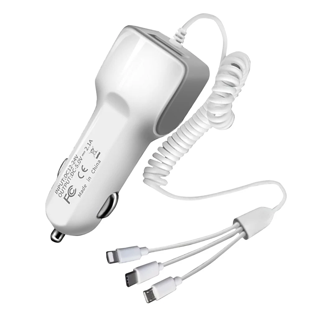 

Dual USB Car Charger 3 In 1 Port Micro USB Type C Lighting QC3.0 Fast Charging Cable For Iphone 7 8 Xiaomi 8 Huawei P20 Lighter