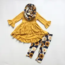 Осенне-зимняя одежда для маленьких девочек, 3 предмета, шарф, детская одежда, горчичное платье с подсолнухами, топ, хлопковая одежда с длинными рукавами, Изысканная одежда с оборками
