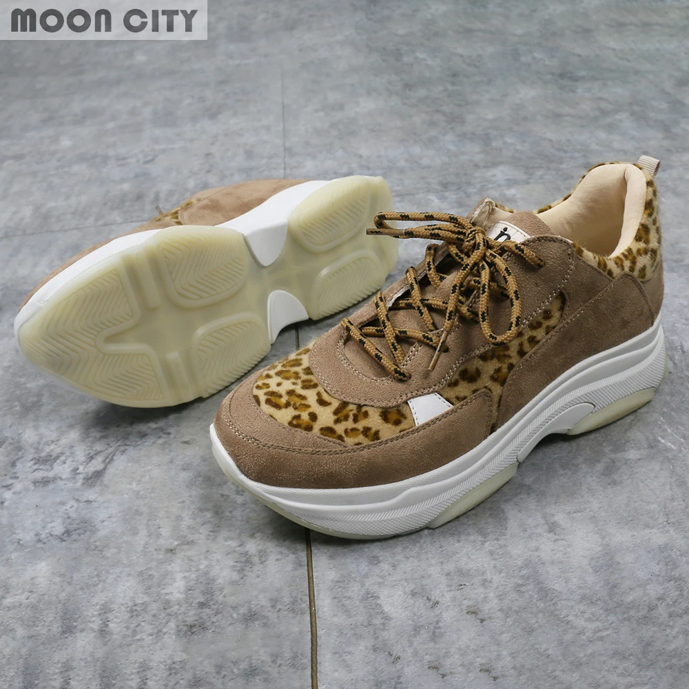 

New 2019 Fashion Winter Women Leopard Sneakers Femme Flock Leather Platform Shoes Ladies Brown Chaussure Femme shoes woman